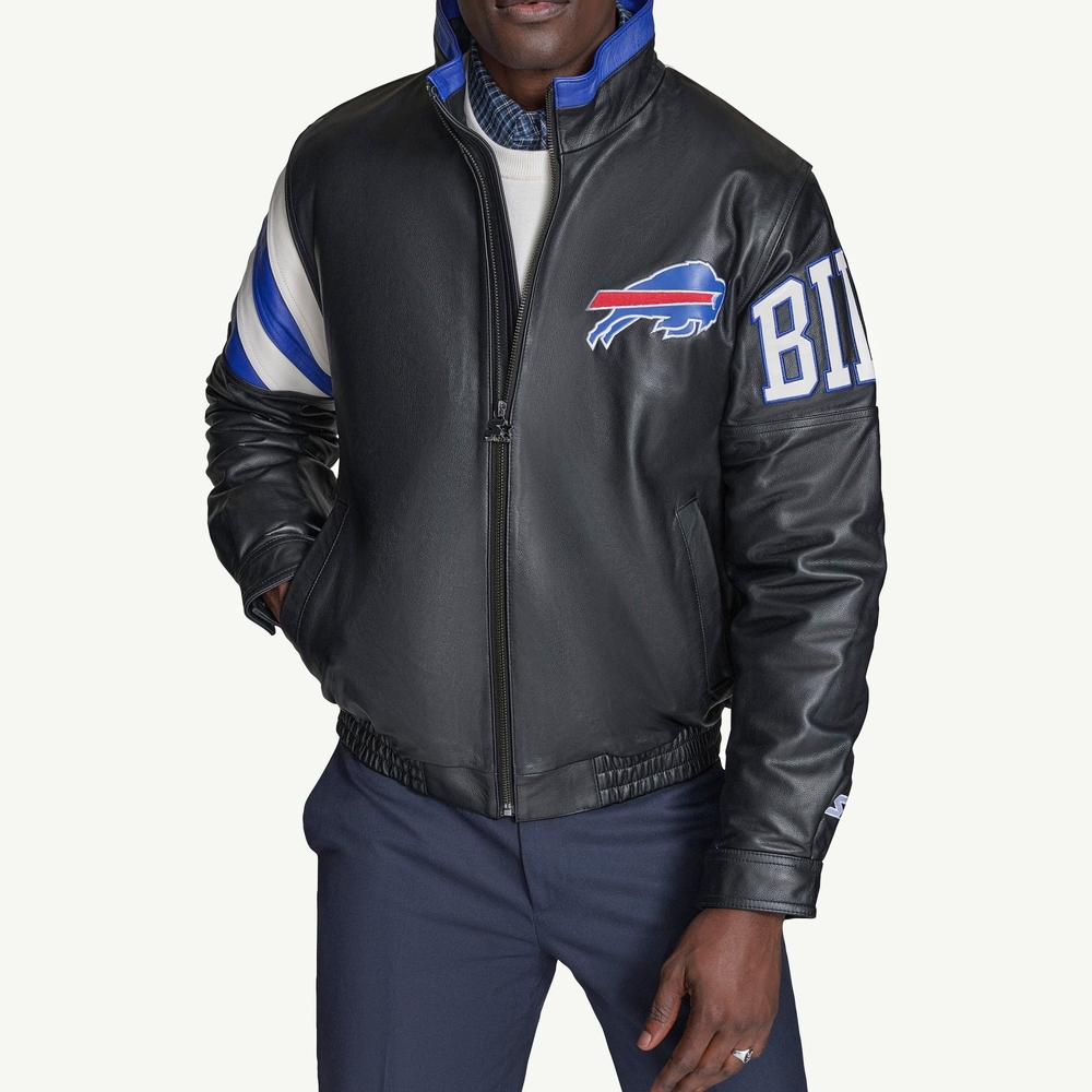 STARTER x Buffalo Bills Black Leather Full Zip Bills Logo Jacket L
